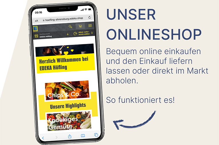 Abbildung von Smartphone mit Startseite Onlineshop EDEKA Höfling