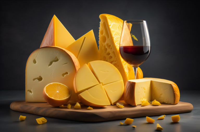 Gouda, Appenzeller und weitere aufgeschnitte Käse, davor ein Glas Burgunder-Rotwein